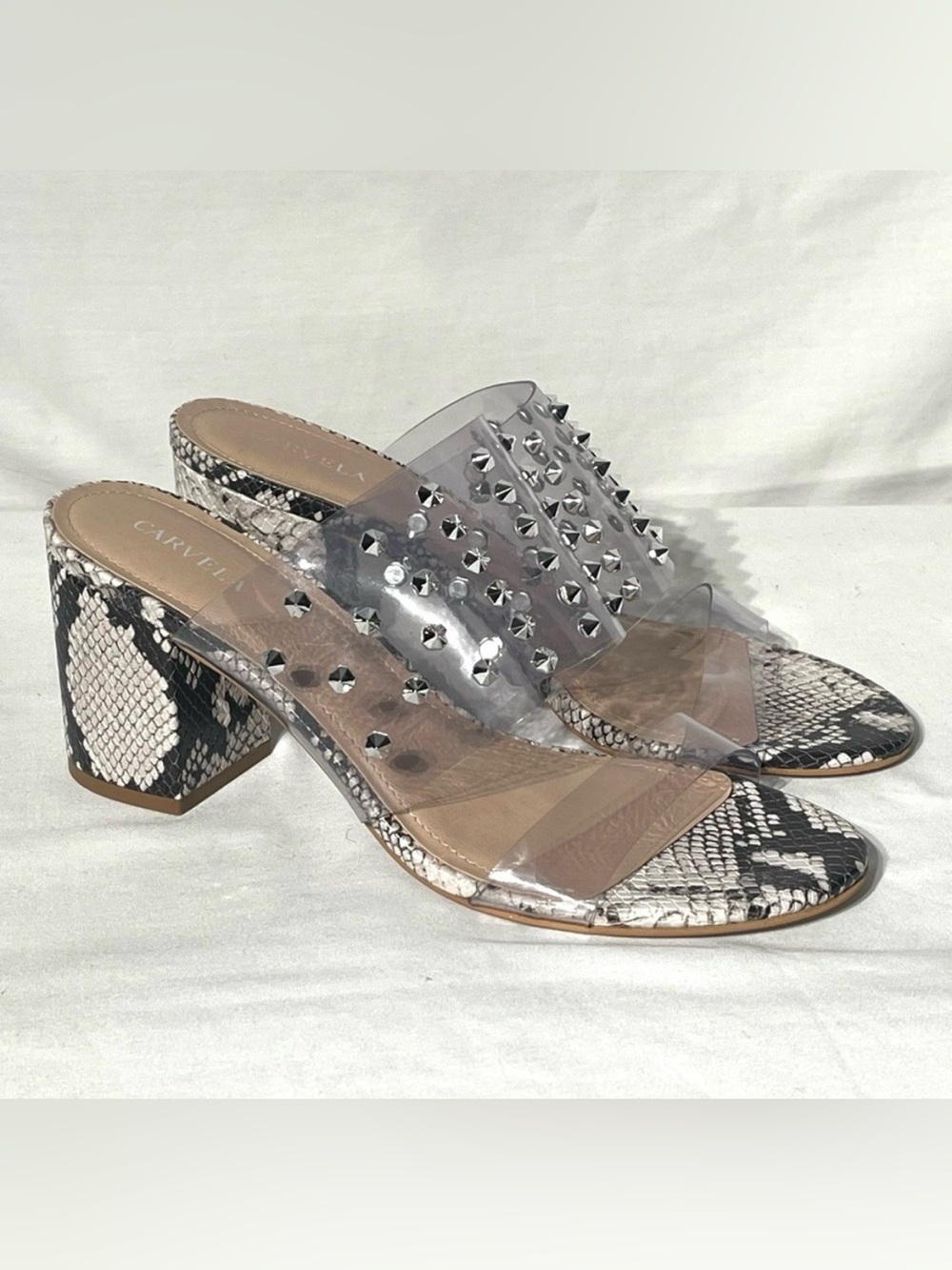 NEW Carvela Studded Clear & Snake Print Block Heel Slip On Sandals Retails $168